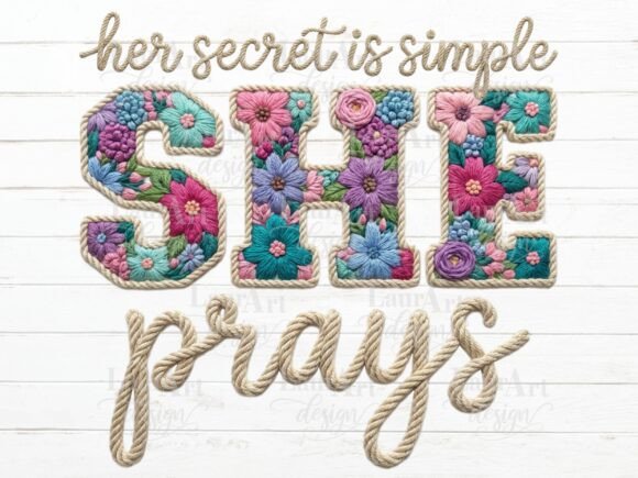 SHE Prays Faux Embroidery Christian Text